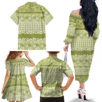 Hawaiian Hibiscus Honu Family Matching Off The Shoulder Long Sleeve Dress and Hawaiian Shirt Sage Green Mele Kalikimaka Palaka Spirit - Polynesian Pride