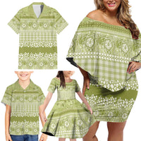 Hawaiian Hibiscus Honu Family Matching Off Shoulder Short Dress and Hawaiian Shirt Sage Green Mele Kalikimaka Palaka Spirit - Polynesian Pride