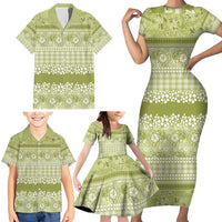 Hawaiian Hibiscus Honu Family Matching Short Sleeve Bodycon Dress and Hawaiian Shirt Sage Green Mele Kalikimaka Palaka Spirit - Polynesian Pride