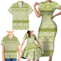 Hawaiian Hibiscus Honu Family Matching Short Sleeve Bodycon Dress and Hawaiian Shirt Sage Green Mele Kalikimaka Palaka Spirit - Polynesian Pride