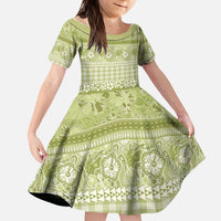 Hawaiian Hibiscus Honu Kid Short Sleeve Dress Sage Green Mele Kalikimaka Palaka Spirit - Polynesian Pride