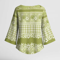 Hawaiian Hibiscus Honu Kimono Sleeve Blouse Sage Green Mele Kalikimaka Palaka Spirit - Polynesian Pride