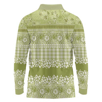 Hawaiian Hibiscus Honu Long Sleeve Polo Shirt Sage Green Mele Kalikimaka Palaka Spirit - Polynesian Pride