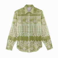 Hawaiian Hibiscus Honu Women Casual Shirt Sage Green Mele Kalikimaka Palaka Spirit - Polynesian Pride