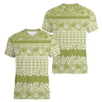 Hawaiian Hibiscus Honu Women V-Neck T-Shirt Sage Green Mele Kalikimaka Palaka Spirit - Polynesian Pride