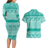 Hawaiian Hibiscus Honu Couples Matching Long Sleeve Bodycon Dress and Hawaiian Shirt Turquoise Mele Kalikimaka Palaka Spirit - Polynesian Pride
