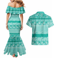 Hawaiian Hibiscus Honu Couples Matching Mermaid Dress and Hawaiian Shirt Turquoise Mele Kalikimaka Palaka Spirit - Polynesian Pride