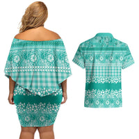Hawaiian Hibiscus Honu Couples Matching Off Shoulder Short Dress and Hawaiian Shirt Turquoise Mele Kalikimaka Palaka Spirit - Polynesian Pride