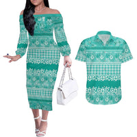 Hawaiian Hibiscus Honu Couples Matching Off The Shoulder Long Sleeve Dress and Hawaiian Shirt Turquoise Mele Kalikimaka Palaka Spirit - Polynesian Pride