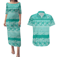 Hawaiian Hibiscus Honu Couples Matching Puletasi and Hawaiian Shirt Turquoise Mele Kalikimaka Palaka Spirit - Polynesian Pride
