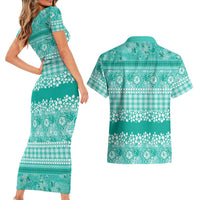 Hawaiian Hibiscus Honu Couples Matching Short Sleeve Bodycon Dress and Hawaiian Shirt Turquoise Mele Kalikimaka Palaka Spirit - Polynesian Pride