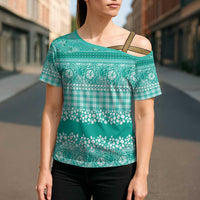 Hawaiian Hibiscus Honu Cross Shoulder Shirt Turquoise Mele Kalikimaka Palaka Spirit LT9 - Polynesian Pride