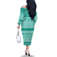 Hawaiian Hibiscus Honu Family Matching Off The Shoulder Long Sleeve Dress and Hawaiian Shirt Turquoise Mele Kalikimaka Palaka Spirit - Polynesian Pride