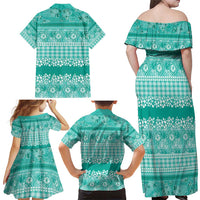 Hawaiian Hibiscus Honu Family Matching Off Shoulder Maxi Dress and Hawaiian Shirt Turquoise Mele Kalikimaka Palaka Spirit - Polynesian Pride