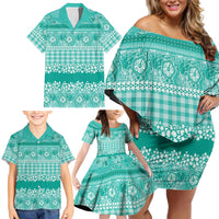 Hawaiian Hibiscus Honu Family Matching Off Shoulder Short Dress and Hawaiian Shirt Turquoise Mele Kalikimaka Palaka Spirit - Polynesian Pride