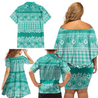 Hawaiian Hibiscus Honu Family Matching Off Shoulder Short Dress and Hawaiian Shirt Turquoise Mele Kalikimaka Palaka Spirit - Polynesian Pride