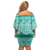 Hawaiian Hibiscus Honu Family Matching Off Shoulder Short Dress and Hawaiian Shirt Turquoise Mele Kalikimaka Palaka Spirit - Polynesian Pride