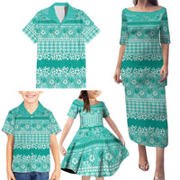 Hawaiian Hibiscus Honu Family Matching Puletasi and Hawaiian Shirt Turquoise Mele Kalikimaka Palaka Spirit - Polynesian Pride