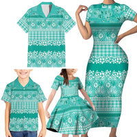 Hawaiian Hibiscus Honu Family Matching Short Sleeve Bodycon Dress and Hawaiian Shirt Turquoise Mele Kalikimaka Palaka Spirit - Polynesian Pride