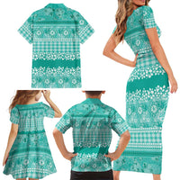 Hawaiian Hibiscus Honu Family Matching Short Sleeve Bodycon Dress and Hawaiian Shirt Turquoise Mele Kalikimaka Palaka Spirit - Polynesian Pride
