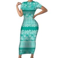 Hawaiian Hibiscus Honu Family Matching Short Sleeve Bodycon Dress and Hawaiian Shirt Turquoise Mele Kalikimaka Palaka Spirit - Polynesian Pride