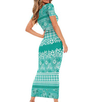 Hawaiian Hibiscus Honu Family Matching Short Sleeve Bodycon Dress and Hawaiian Shirt Turquoise Mele Kalikimaka Palaka Spirit - Polynesian Pride