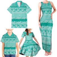 Hawaiian Hibiscus Honu Family Matching Tank Maxi Dress and Hawaiian Shirt Turquoise Mele Kalikimaka Palaka Spirit - Polynesian Pride