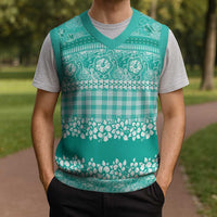 Hawaiian Hibiscus Honu Christmas Knitted V-Neck Vest Turquoise Mele Kalikimaka Palaka Spirit - Polynesian Pride