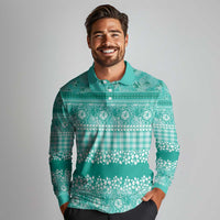 Hawaiian Hibiscus Honu Long Sleeve Polo Shirt Turquoise Mele Kalikimaka Palaka Spirit - Polynesian Pride