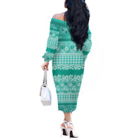 Hawaiian Hibiscus Honu Off The Shoulder Long Sleeve Dress Turquoise Mele Kalikimaka Palaka Spirit - Polynesian Pride