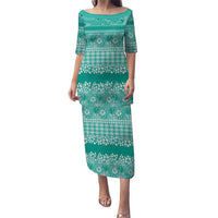 Hawaiian Hibiscus Honu Puletasi Turquoise Mele Kalikimaka Palaka Spirit LT9 Long Dress Turquoise - Polynesian Pride
