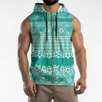 Hawaiian Hibiscus Honu Sleeveless Zip Hoodie Turquoise Mele Kalikimaka Palaka Spirit - Polynesian Pride
