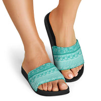 Hawaiian Hibiscus Honu Slide Sandals Turquoise Mele Kalikimaka Palaka Spirit - Polynesian Pride