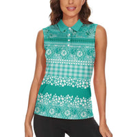 Hawaiian Hibiscus Honu Women Sleeveless Polo Shirt Turquoise Mele Kalikimaka Palaka Spirit - Polynesian Pride