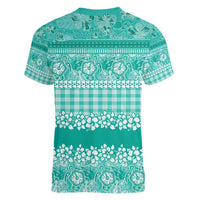Hawaiian Hibiscus Honu Women V-Neck T-Shirt Turquoise Mele Kalikimaka Palaka Spirit - Polynesian Pride