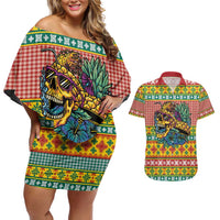Hawaiian Pineapples Skull Couples Matching Off Shoulder Short Dress and Hawaiian Shirt Mele Kalikimaka Palaka Quilt Pattern - Polynesian Pride