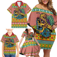 Hawaiian Pineapples Skull Family Matching Off Shoulder Short Dress and Hawaiian Shirt Mele Kalikimaka Palaka Quilt Pattern - Polynesian Pride
