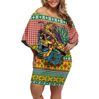 Hawaiian Pineapples Skull Family Matching Off Shoulder Short Dress and Hawaiian Shirt Mele Kalikimaka Palaka Quilt Pattern - Polynesian Pride