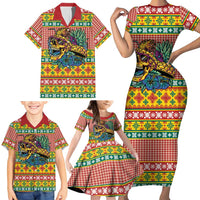 Hawaiian Pineapples Skull Family Matching Short Sleeve Bodycon Dress and Hawaiian Shirt Mele Kalikimaka Palaka Quilt Pattern - Polynesian Pride