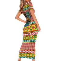 Hawaiian Pineapples Skull Family Matching Short Sleeve Bodycon Dress and Hawaiian Shirt Mele Kalikimaka Palaka Quilt Pattern - Polynesian Pride