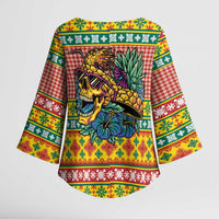 Hawaiian Pineapples Skull Kimono Sleeve Blouse Mele Kalikimaka Palaka Quilt Pattern - Polynesian Pride