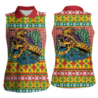 Hawaiian Pineapples Skull Women Sleeveless Polo Shirt Mele Kalikimaka Palaka Quilt Pattern - Polynesian Pride