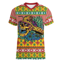 Hawaiian Pineapples Skull Women V-Neck T-Shirt Mele Kalikimaka Palaka Quilt Pattern LT9 Female Yellow - Polynesian Pride