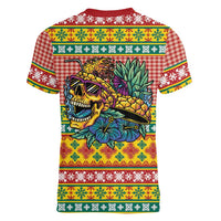 Hawaiian Pineapples Skull Women V-Neck T-Shirt Mele Kalikimaka Palaka Quilt Pattern LT9 - Polynesian Pride