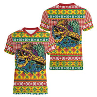 Hawaiian Pineapples Skull Women V-Neck T-Shirt Mele Kalikimaka Palaka Quilt Pattern LT9 - Polynesian Pride