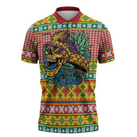 Hawaiian Pineapples Skull Zipper Polo Shirt Mele Kalikimaka Palaka Quilt Pattern LT9 Yellow - Polynesian Pride