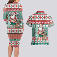 Hawaiian Funny Santa Surf Couples Matching Long Sleeve Bodycon Dress and Hawaiian Shirt Mele Kalikimaka Palaka Quilt Pattern - Polynesian Pride