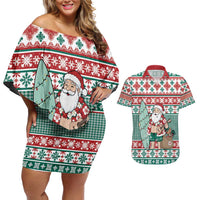 Hawaiian Funny Santa Surf Couples Matching Off Shoulder Short Dress and Hawaiian Shirt Mele Kalikimaka Palaka Quilt Pattern - Polynesian Pride