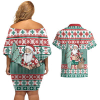 Hawaiian Funny Santa Surf Couples Matching Off Shoulder Short Dress and Hawaiian Shirt Mele Kalikimaka Palaka Quilt Pattern - Polynesian Pride