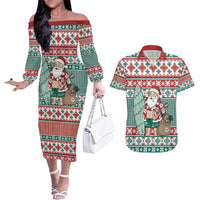 Hawaiian Funny Santa Surf Couples Matching Off The Shoulder Long Sleeve Dress and Hawaiian Shirt Mele Kalikimaka Palaka Quilt Pattern - Polynesian Pride